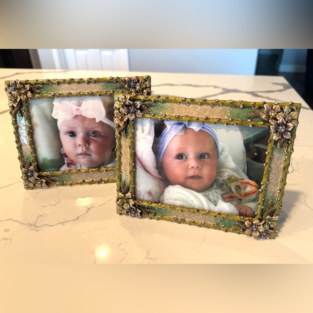 Jay Strongwater Green and Gold Ornate Floral Picture Frames - Set of two